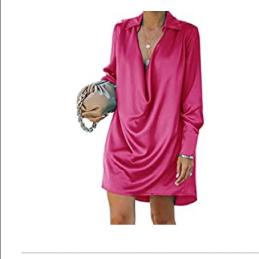 LYANER Women's Satin Collar V Neck Drape Long Sleeve Short Mini Dress